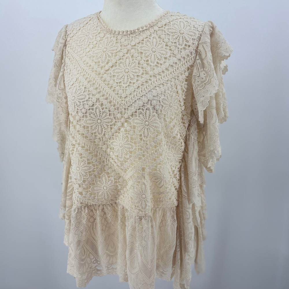 Cream lace blouse women's small fairy cottage romantic boho tiered ruffle sleeve
